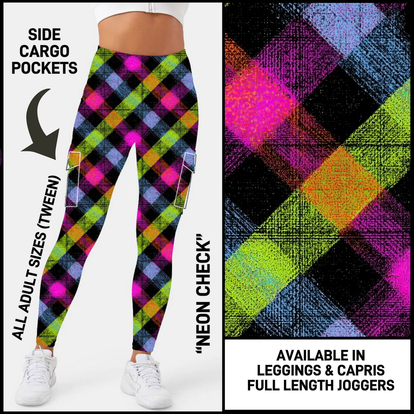 CP3B - Neon Check Capris/Leggings/Unisex Joggers with Cargo Pockets - Preorder Closing 5/31 ETA: Early July