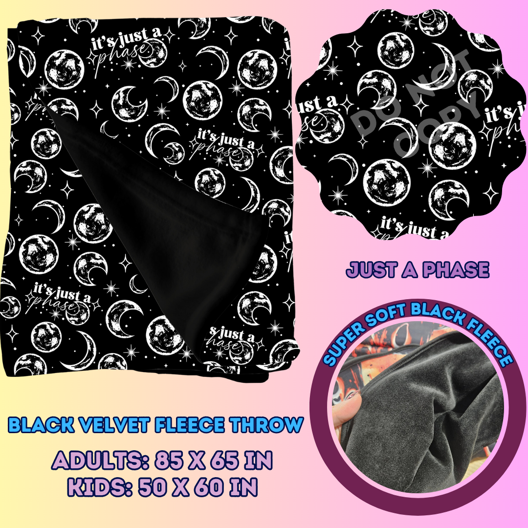 JUST A PHASE- SOFT BLACK FLEECE THROW BLANKET