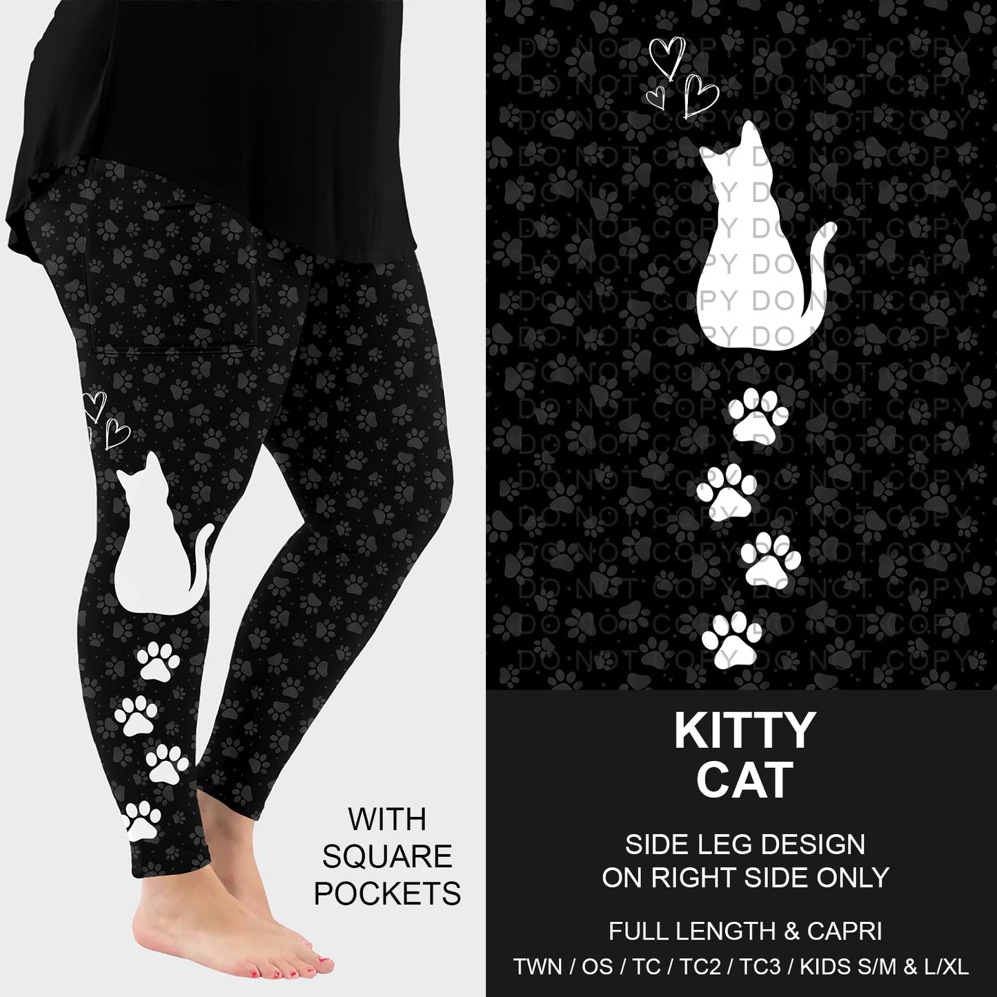B287 - Preorder Kitty Cat Side Design Leggings w/ Pockets (Closes 4/26. ETA: late June)