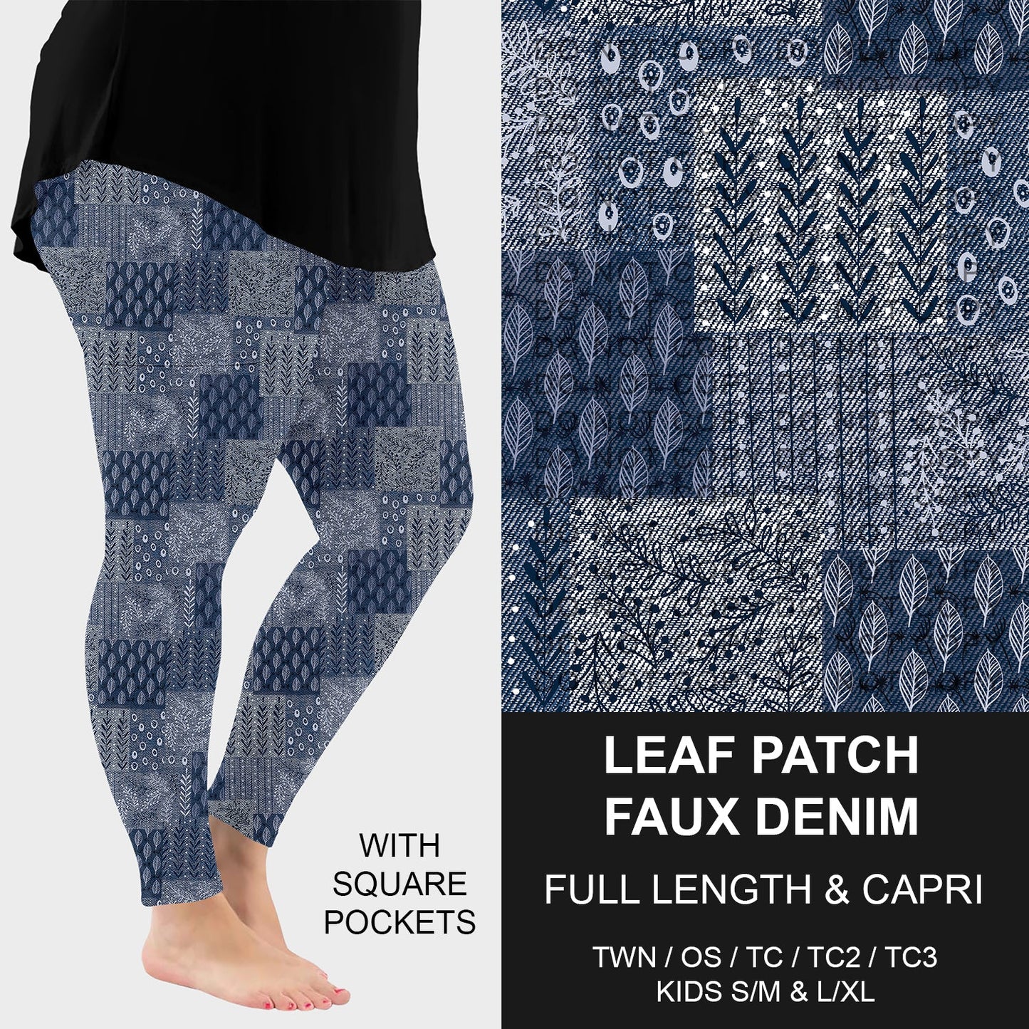B256 - Preorder Leaf Patch Faux Denim Leggings w/ Pockets (Closes 10/19. ETA: late Dec.)