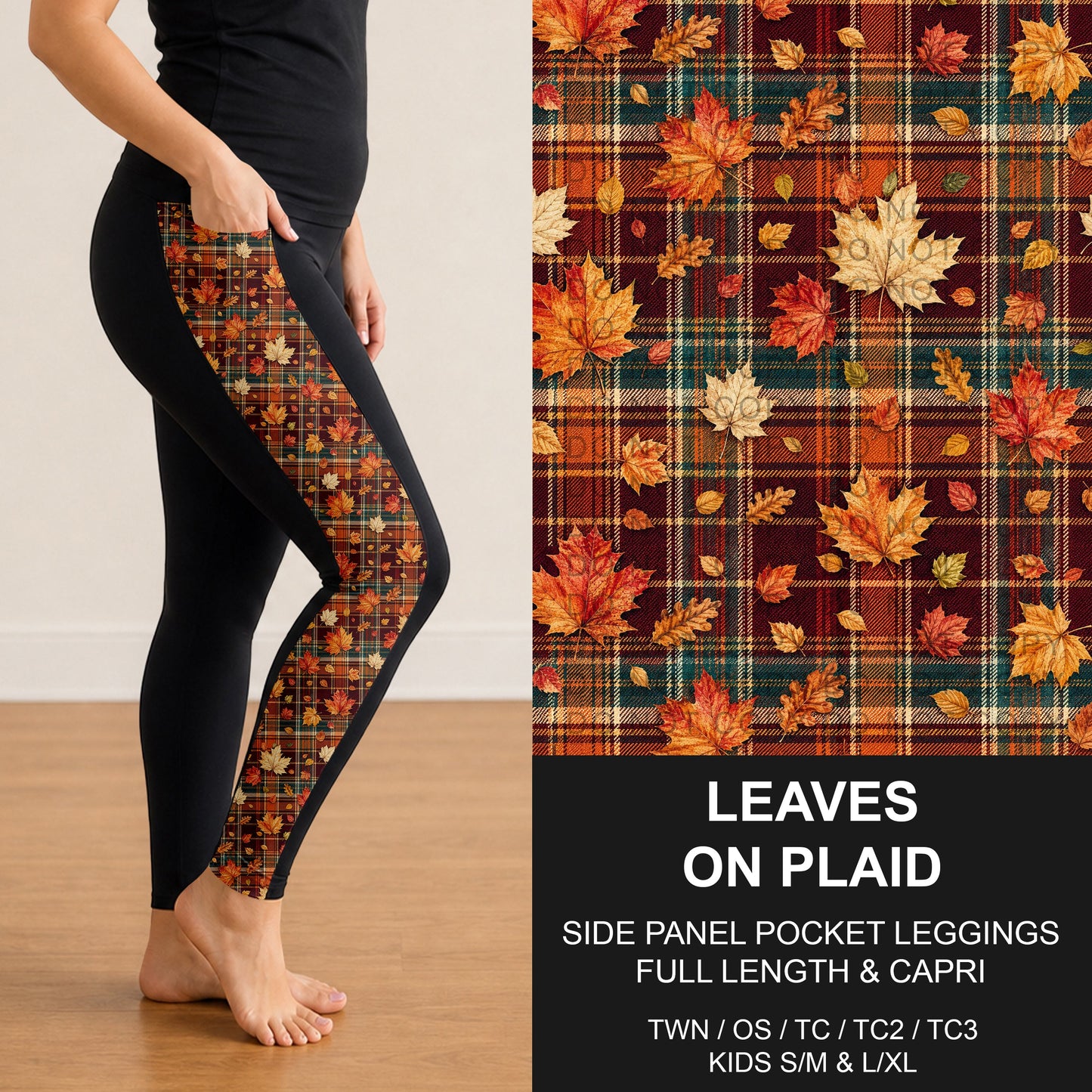 B308 - Preorder Leaves on Plaid Side Panel Pocket Leggings (Closes 8/16. ETA: late Oct.)