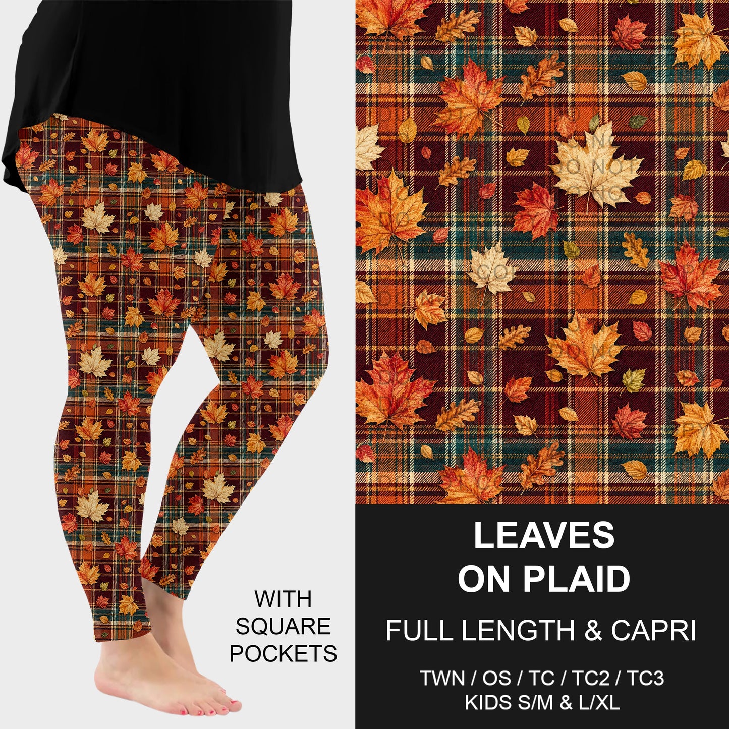 B308 - Preorder Leaves on Plaid Leggings w/ Pockets (Closes 8/16. ETA: late Oct.)
