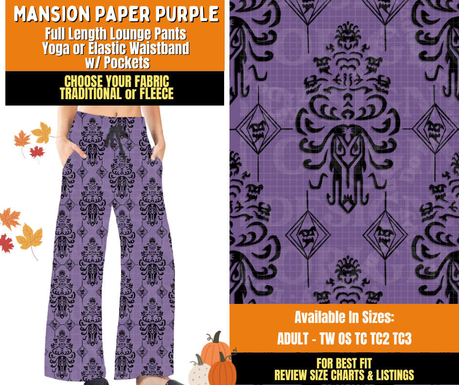 Preorder! Closes 7/16. ETA Oct. Mansion Paper Purple Lounge Pants Choose Fleece or Traditional