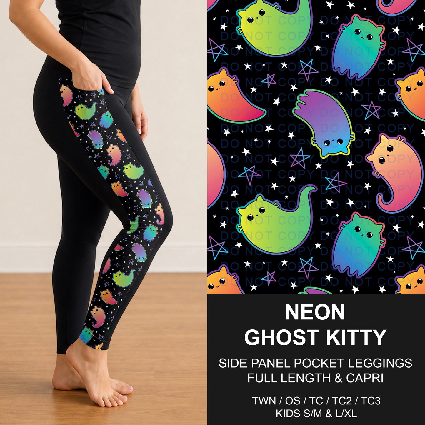 B297 - Preorder Neon Ghost Kitty Side Panel Pocket Leggings (Closes 6/28. ETA: early Sept.)