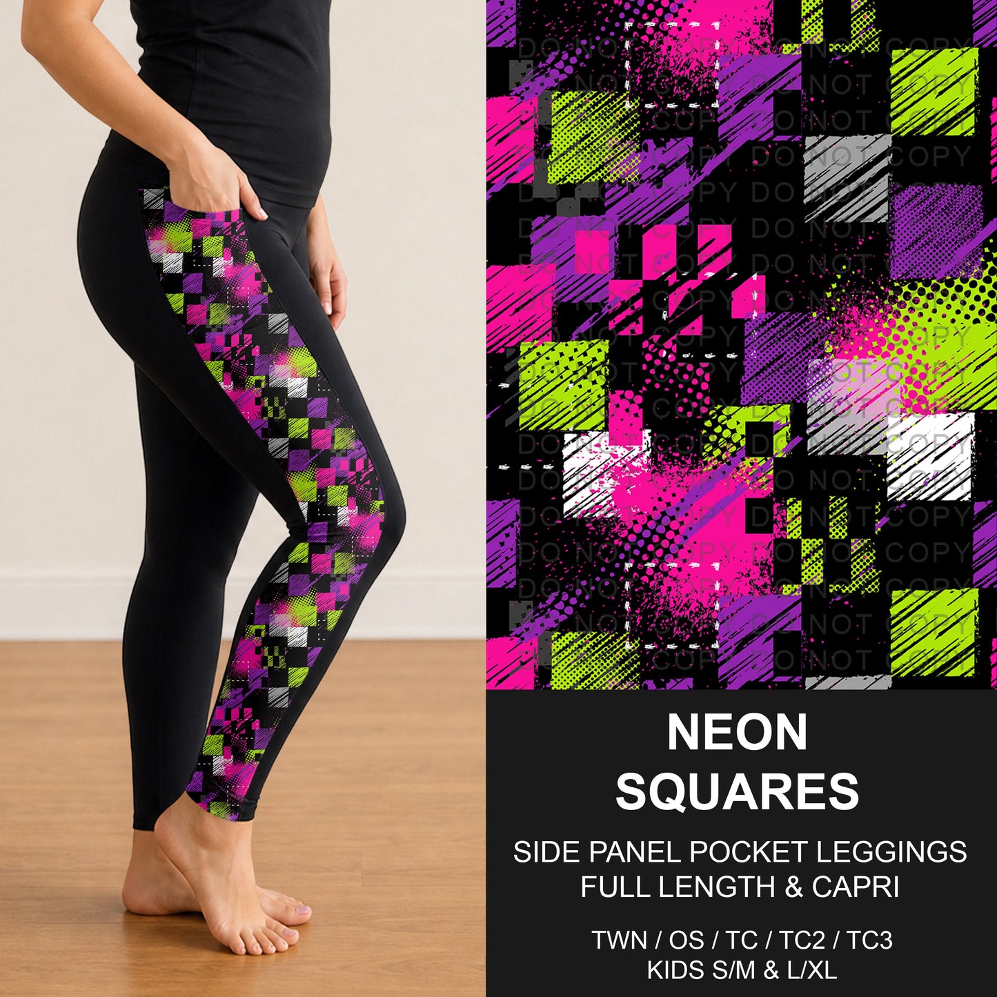 B298 - Preorder Neon Squares Side Panel Pocket Leggings (Closes 7/05. ETA: early Sept.)