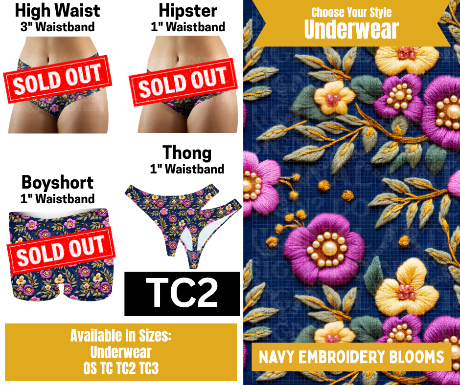 Navy Embroidery Blooms Thong Underwear