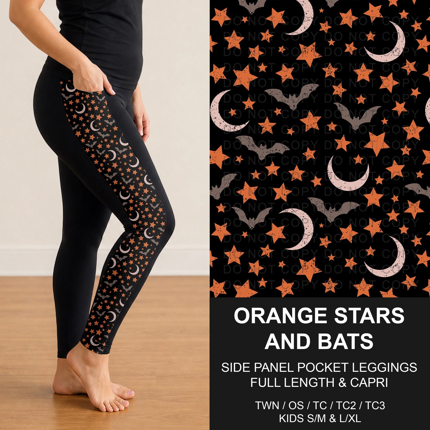 B305 - Preorder Orange Stars and Bats Side Panel Pocket Leggings (Closes 8/02. ETA: early Oct.)