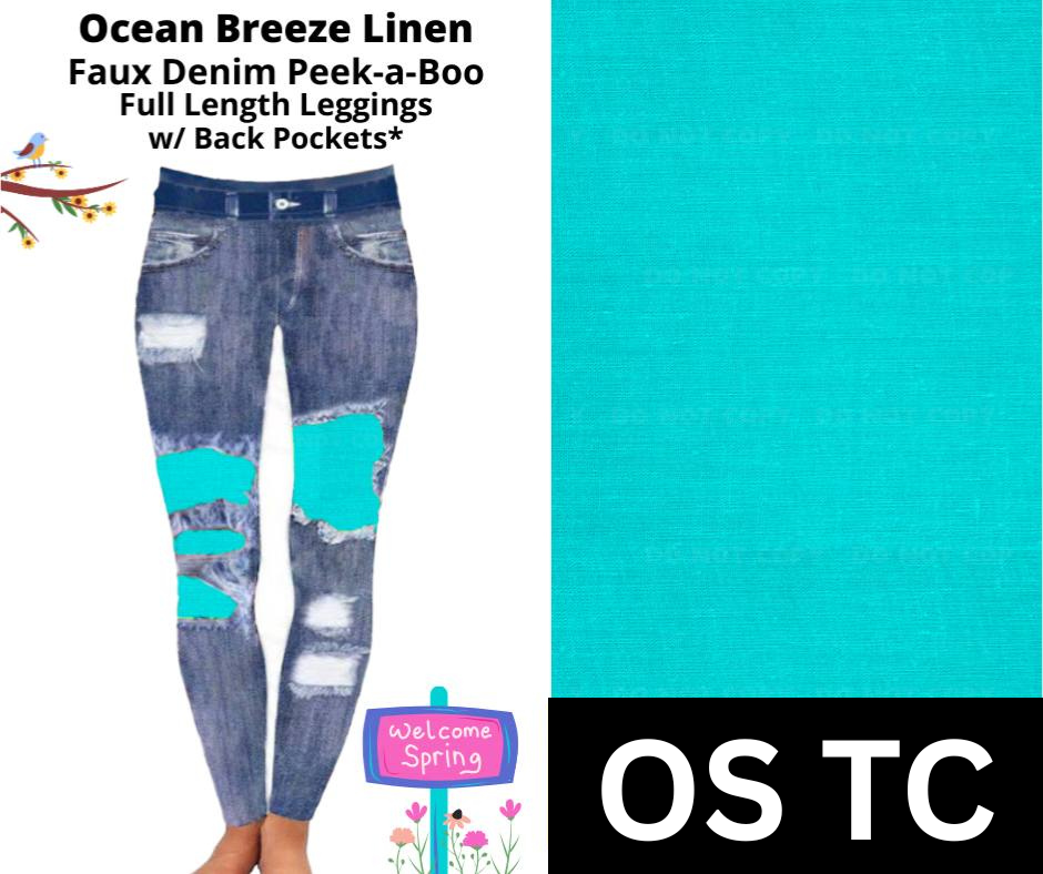 Ocean Breeze Linen Faux Denim Full Length Peekaboo Leggings