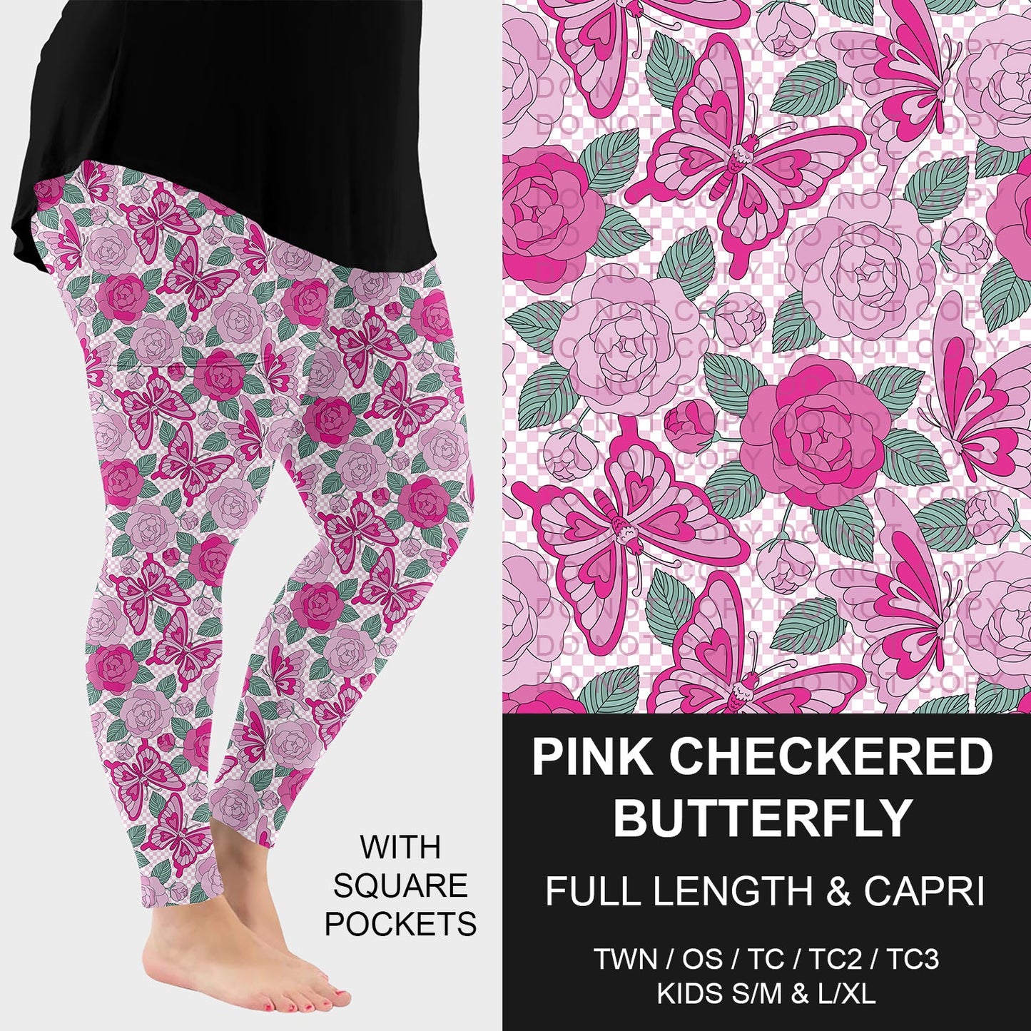 B282 - Preorder Pink Checkered Butterfly Leggings w/ Pockets (Closes 3/29. ETA: early June)
