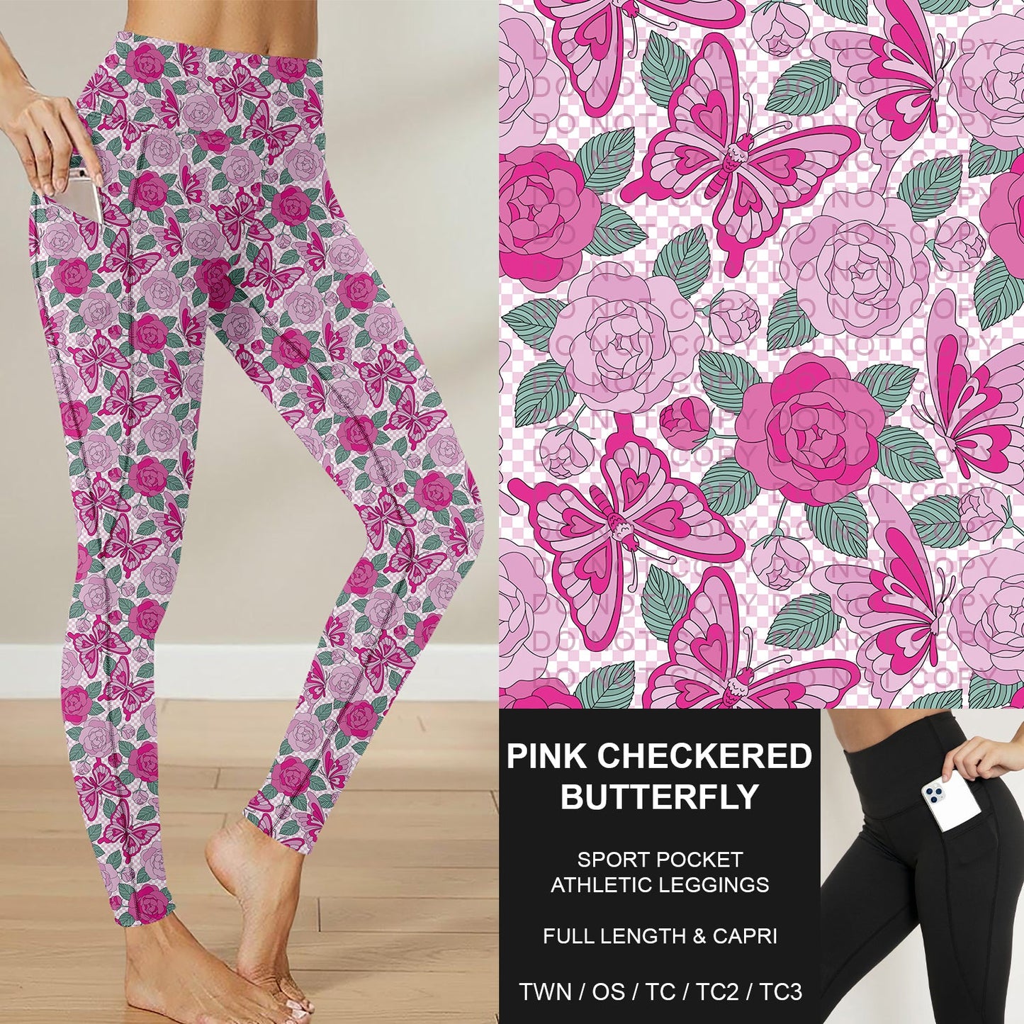 B282 - Preorder Pink Checkered Butterfly Sport Pocket Leggings (Closes 3/29. ETA: early June)