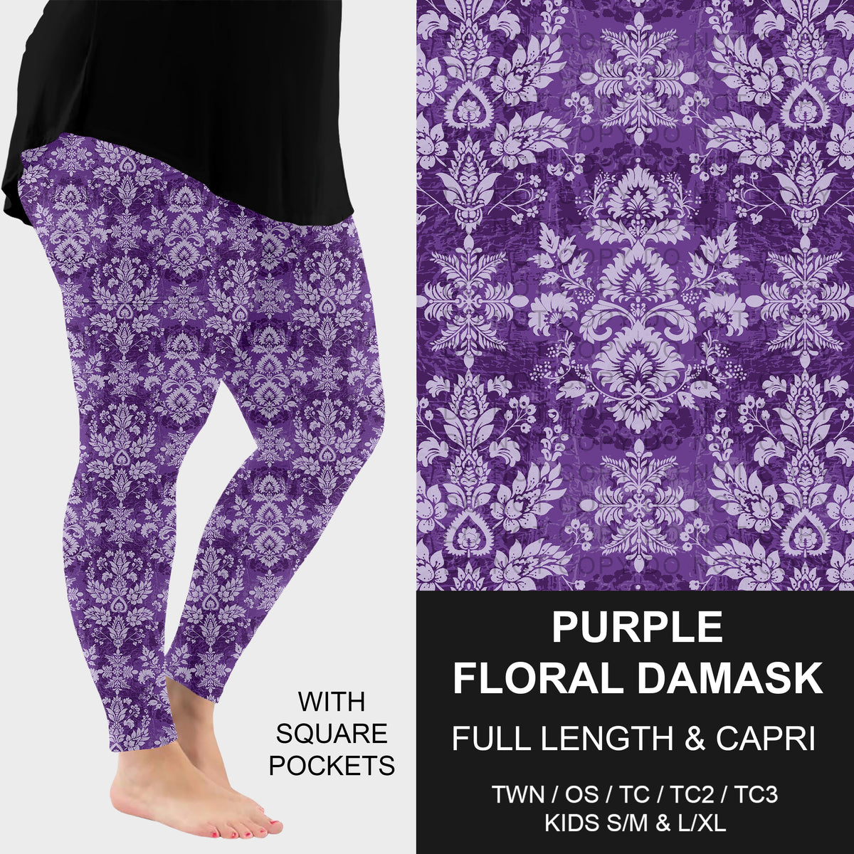 B317 - Preorder Purple Floral Damask Leggings w/ Pockets (Closes 10/18. ETA: late Dec.)