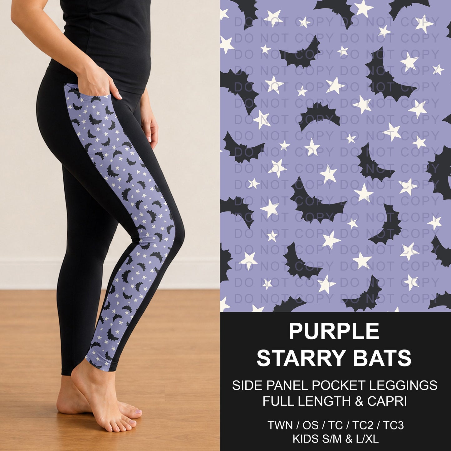 B307 - Preorder Purple Starry Bats Side Panel Pocket Leggings (Closes 8/02. ETA: early Oct.)