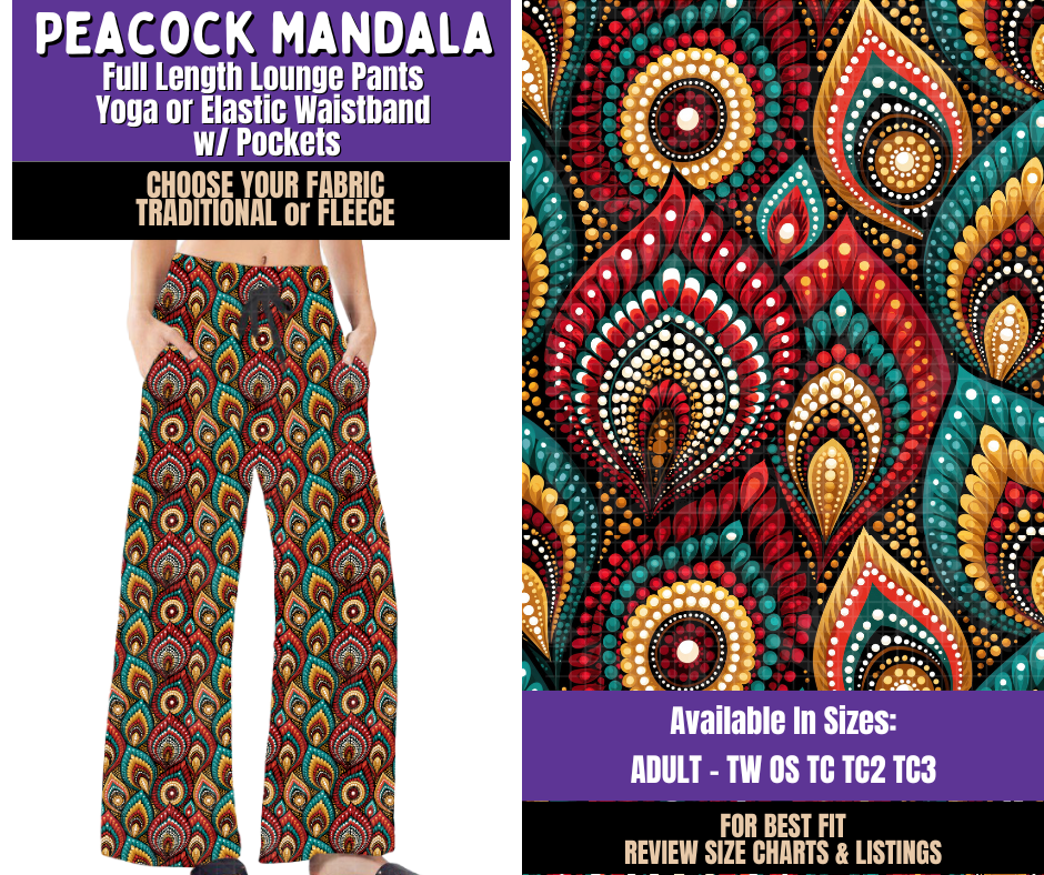 Preorder! Closes 8/5. ETA Nov. Peacock Mandala Lounge Pants Choose Fleece or Traditional