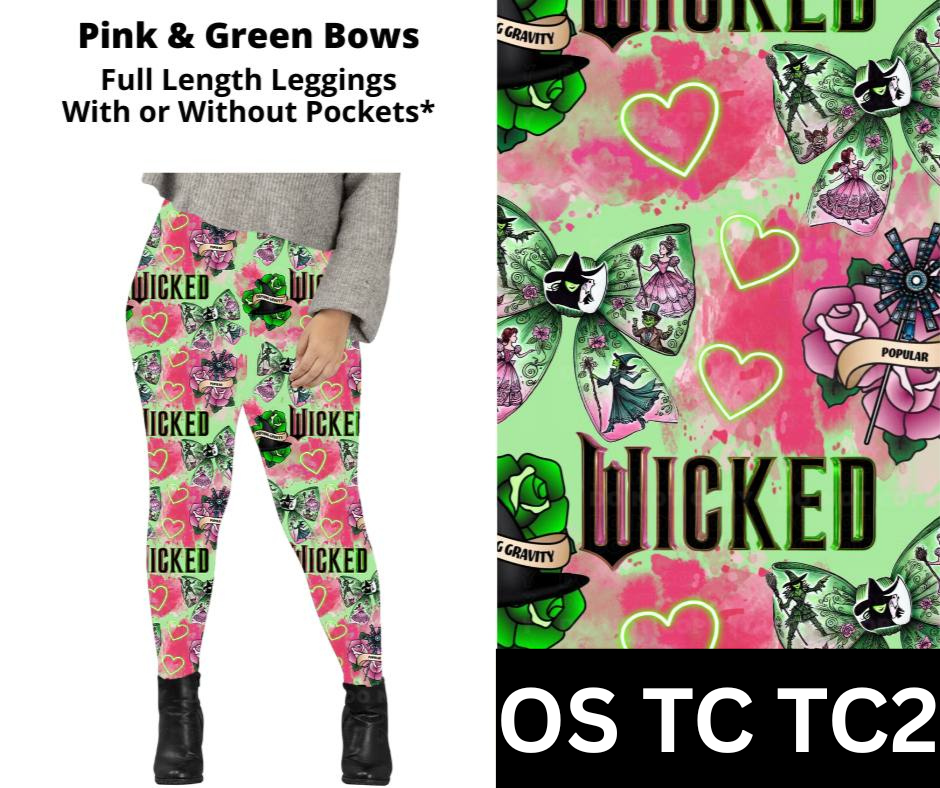 Pink & Green Bows Full Length Leggings w/ Pockets