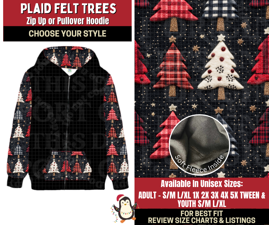 Preorder! Closes 9/4. ETA Dec. Plaid Felt Trees Zip-Up or Pullover Hoodie