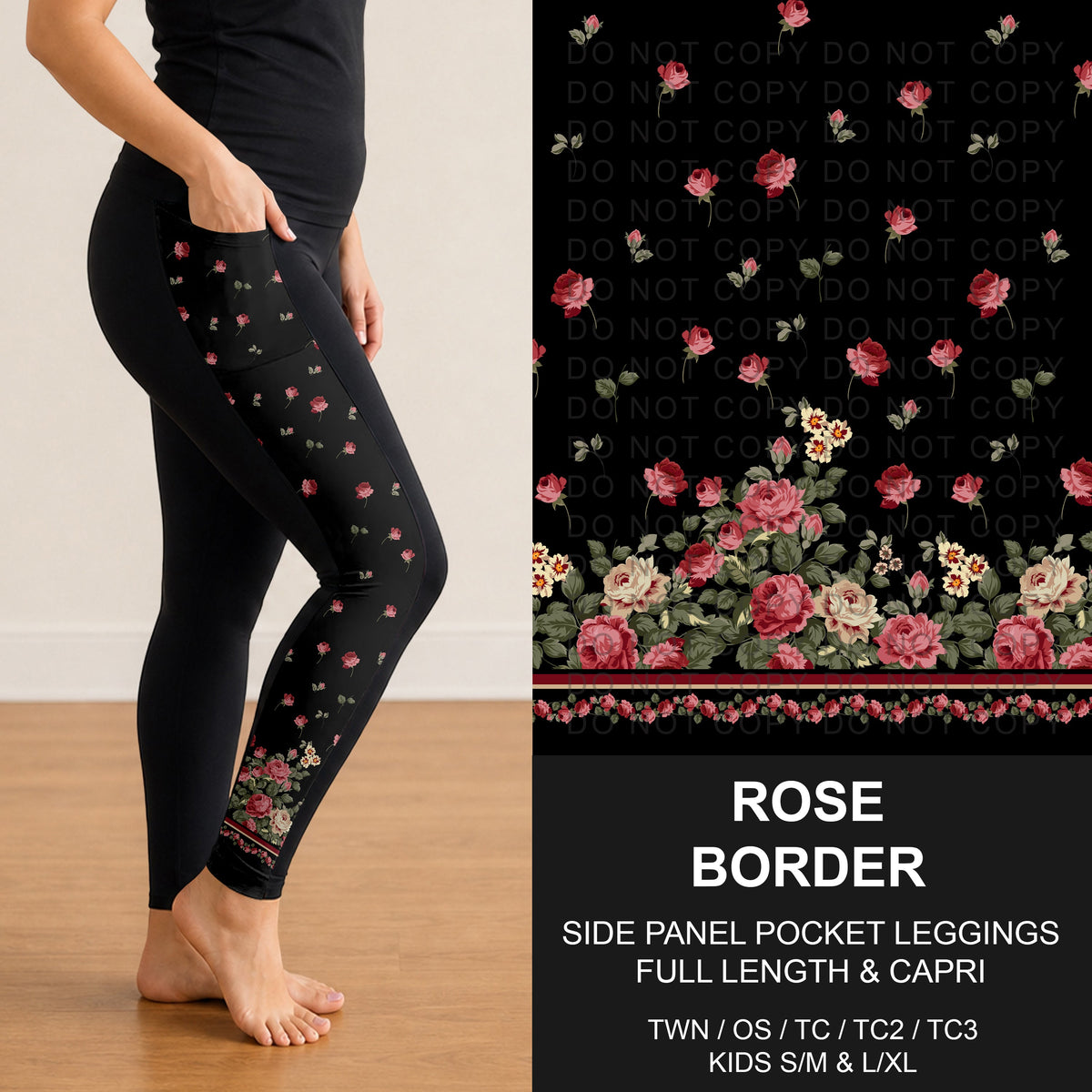 B316 - Preorder Rose Border Side Panel Pocket Leggings (Closes 10/11. ETA: mid Dec.)