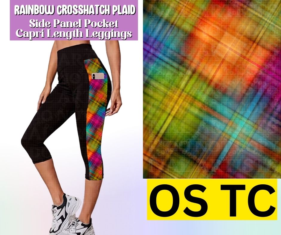 Rainbow Crosshatch Plaid Side Panel Pocket Capri Length Leggings