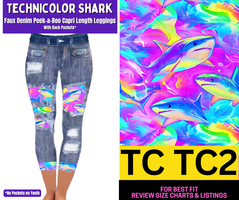 Technicolor Shark Capri Faux Denim Peekaboo