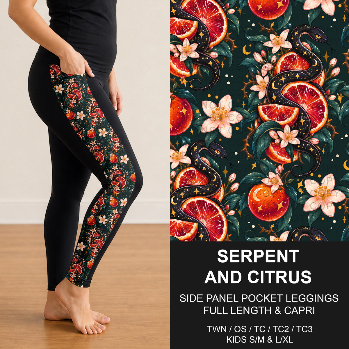 B319 - Preorder Serpent and Citrus Side Panel Pocket Leggings (Closes 11/01. ETA: early Jan.)