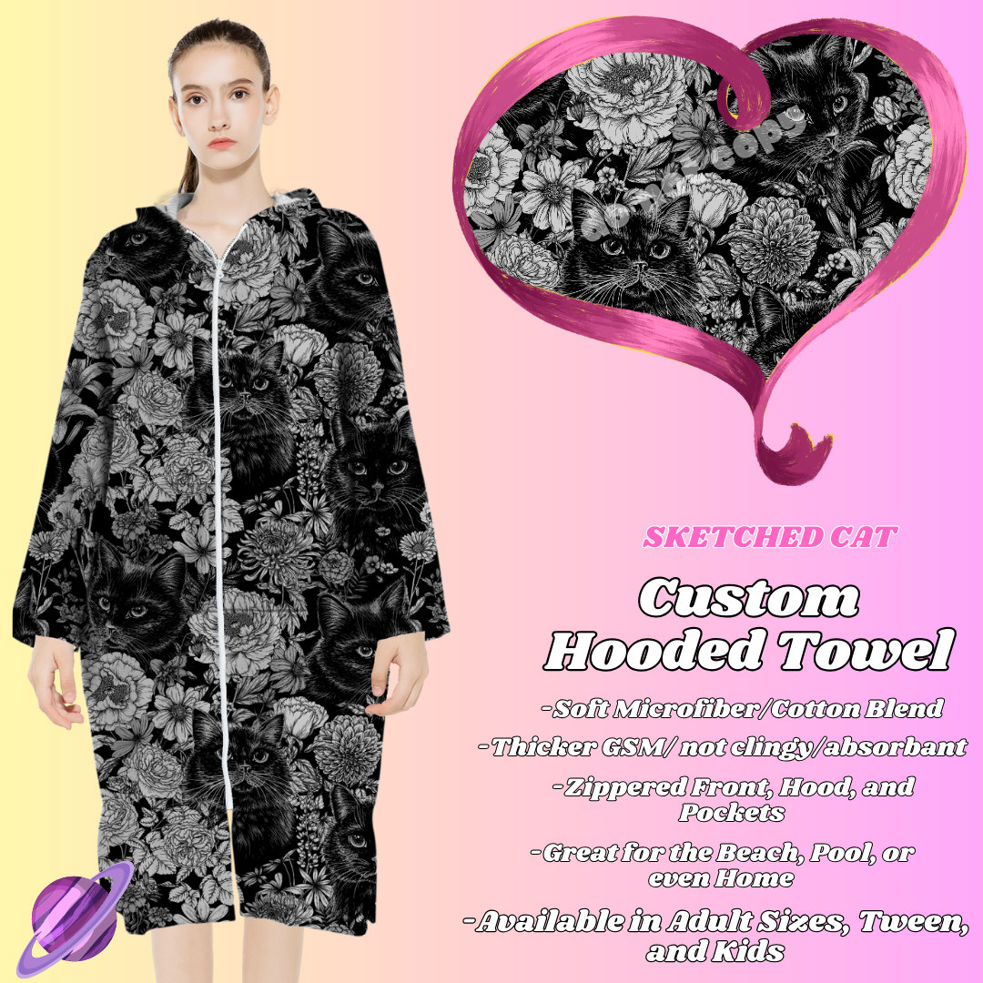 SKETCHED CAT- HOODED TOWEL- PREORDER CLOSING 4/27
