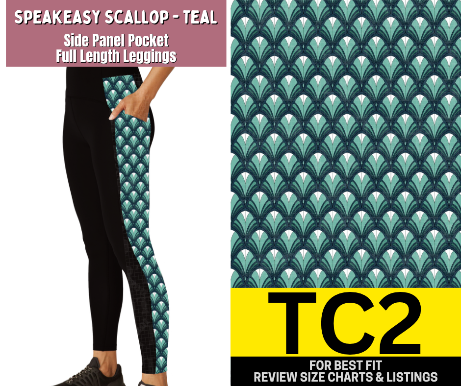 Speakeasy Scallop - Teal Side Panel Pocket Full Length Leggings