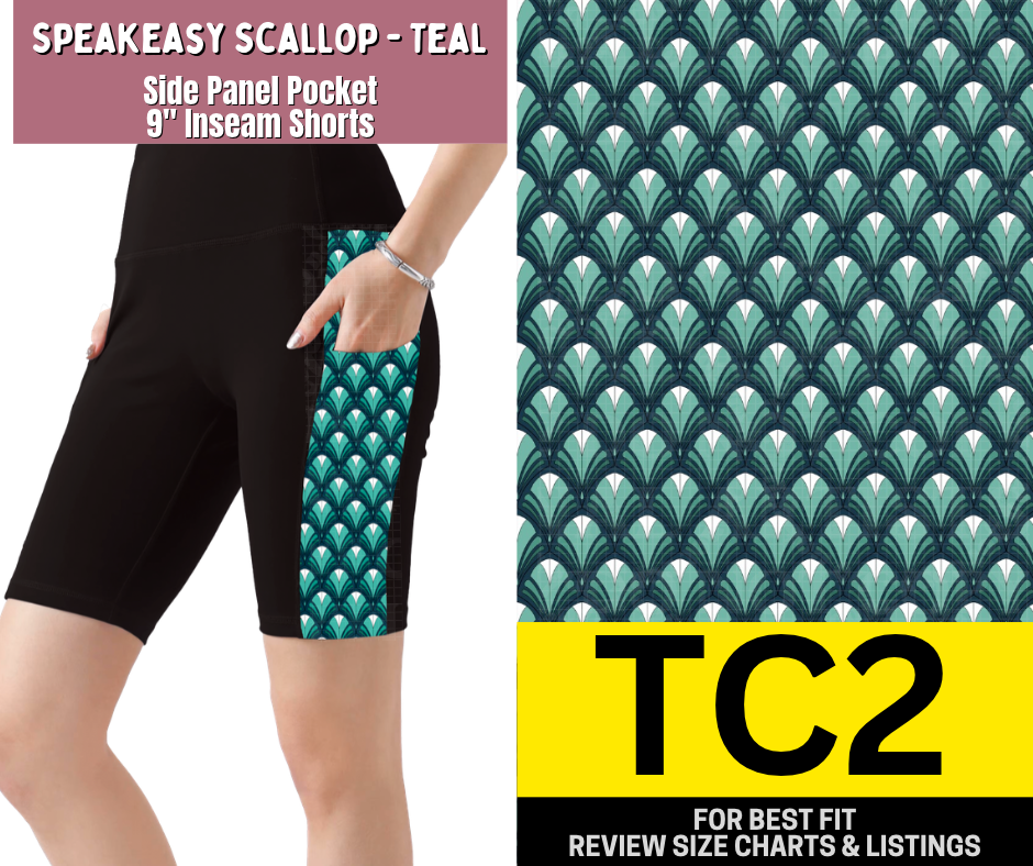 Speakeasy Scallop - Teal Side Panel Pocket 9" Inseam Shorts