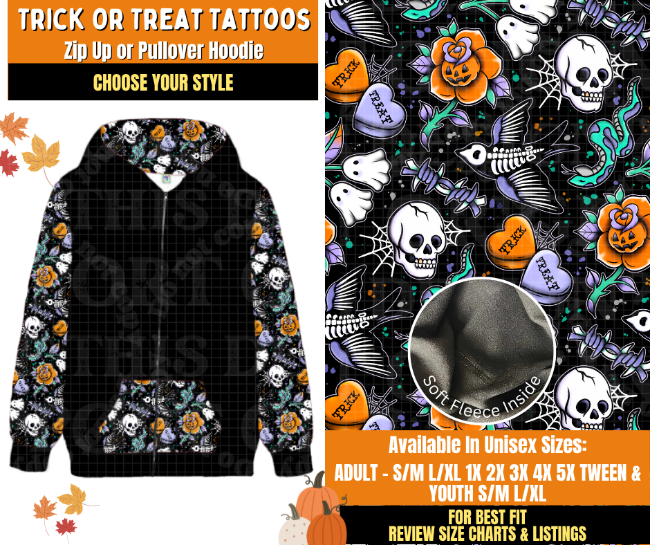 Preorder! Closes 7/16. ETA Oct. Trick or Treat Tattoos Zip-Up Pullover Hoodie