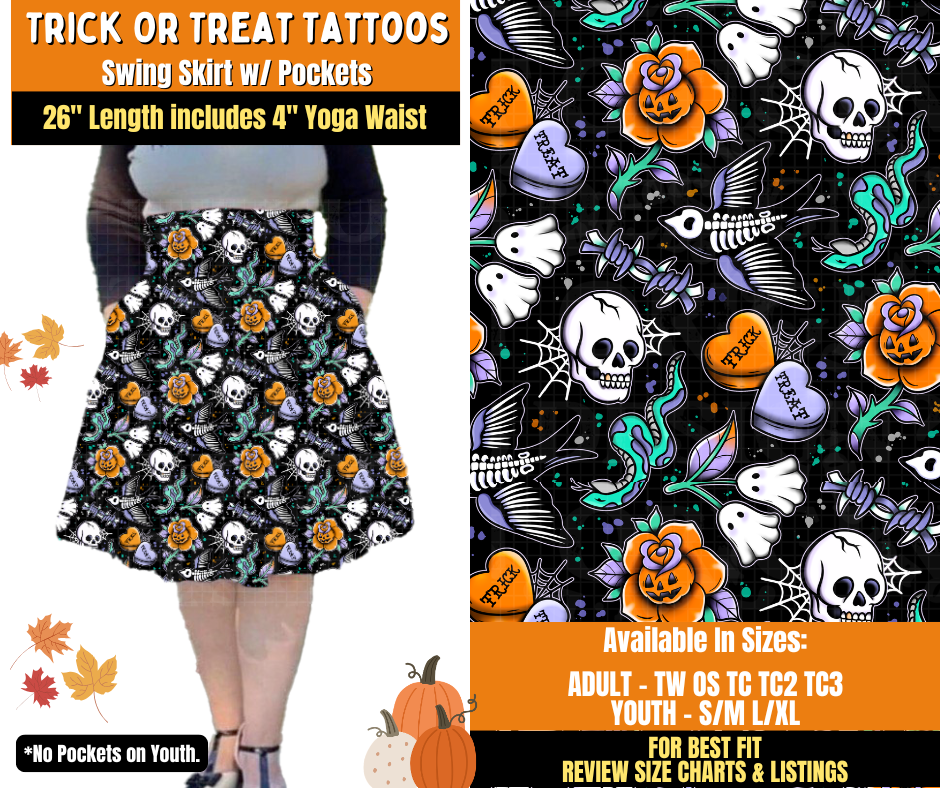 Preorder! Closes 7/16. ETA Oct. Trick or Treat Tattoos Swing Skirt