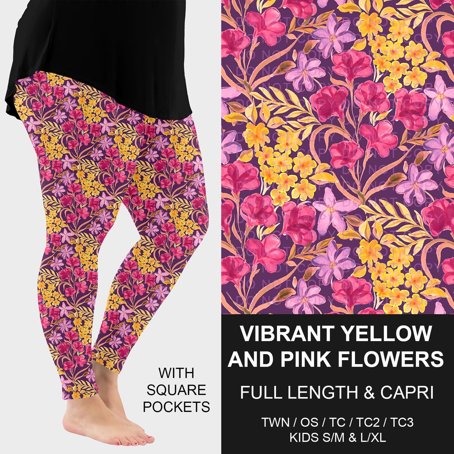 B294 - Preorder Vibrant Yellow and Pink Flowers Leggings w/ Pockets (Closes 6/07. ETA: early Aug.)