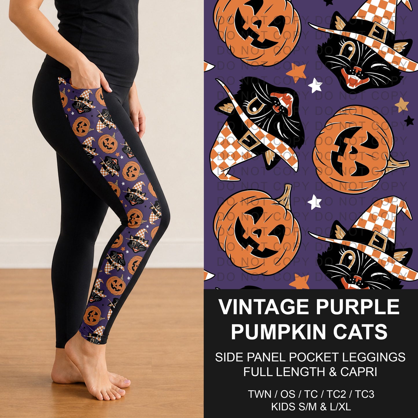 B295 - Preorder Vintage Purple Pumpkin Cats Side Panel Pocket Leggings (Closes 6/14. ETA: late Aug.)