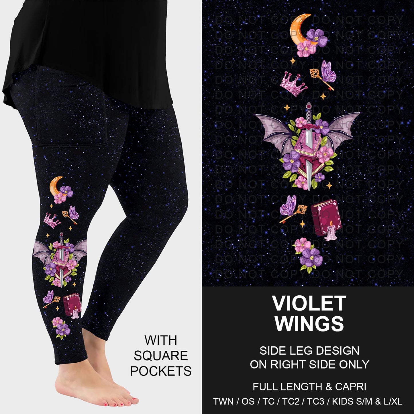 B287 - Preorder Violet Wings Side Design Leggings w/ Pockets (Closes 4/26. ETA: late June)