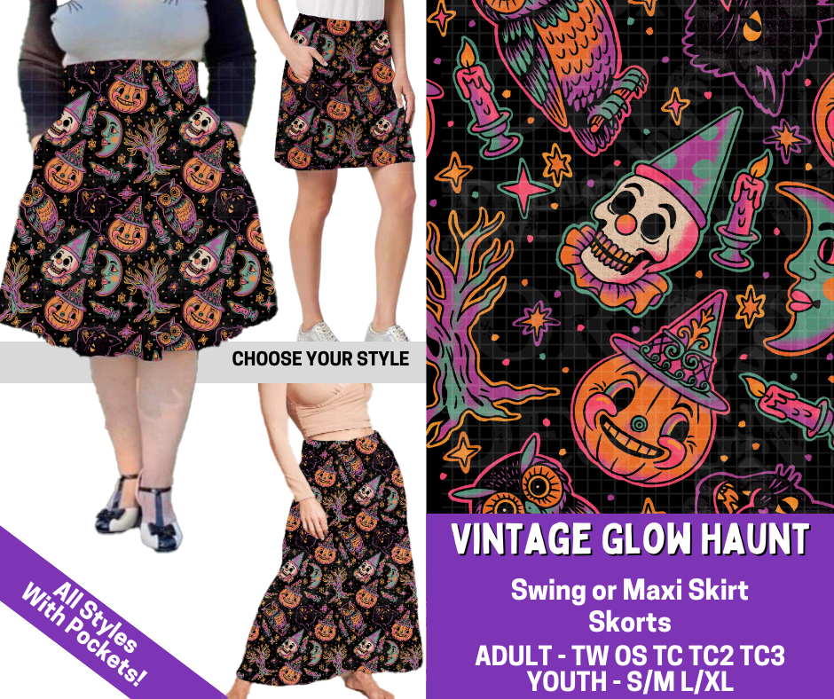 Preorder! Closes 5/27. ETA Aug. Vintage Glow Haunt Combo Skort/Skirt Lengths