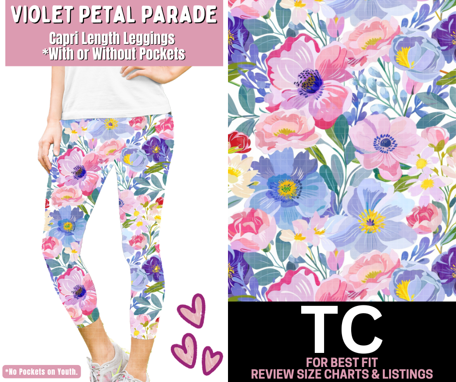 Violet Petal Parade Capri Length Leggings w/ Pockets