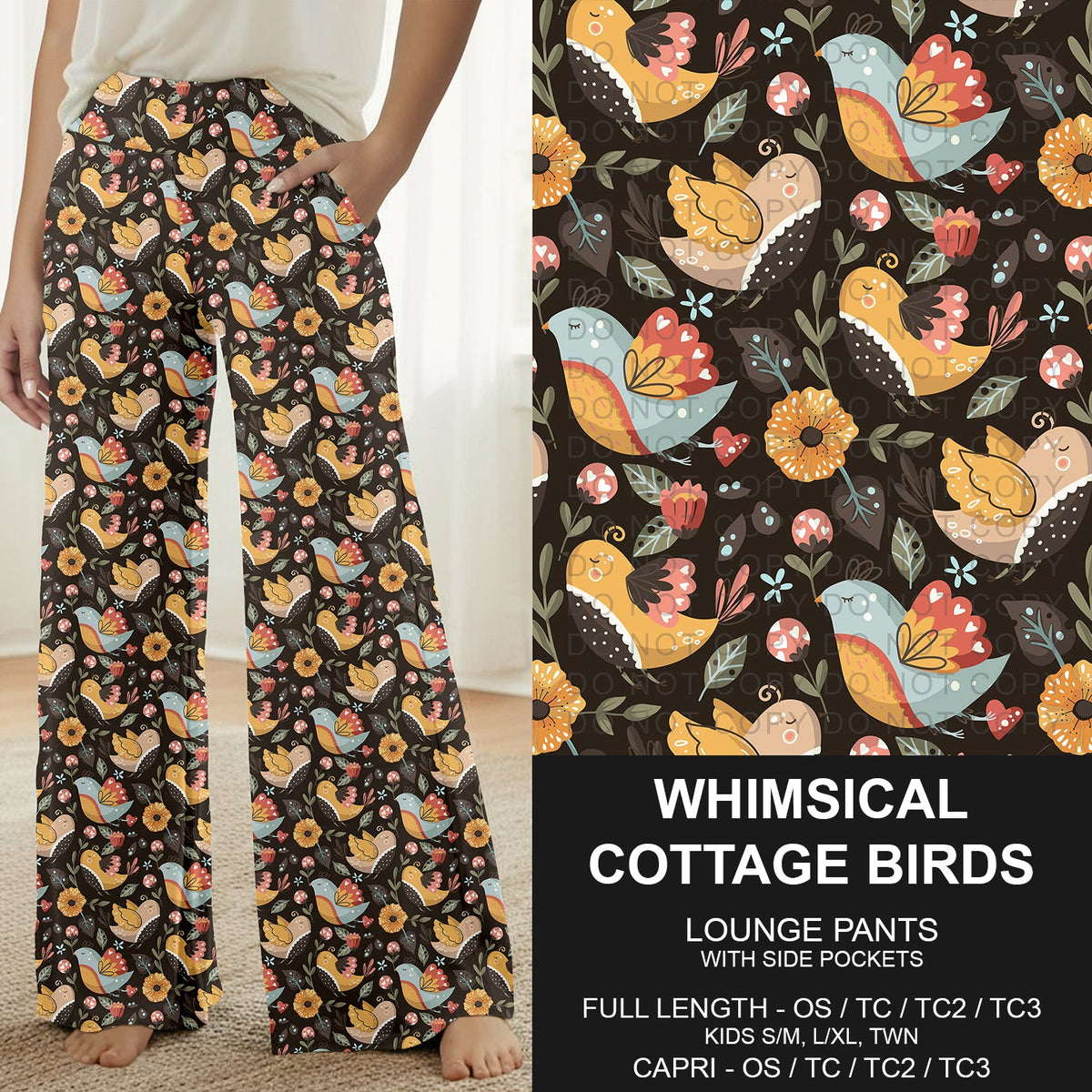 B316 - Preorder Whimsical Cottage Birds Lounge Pants (Closes 10/11. ETA: mid Dec.)