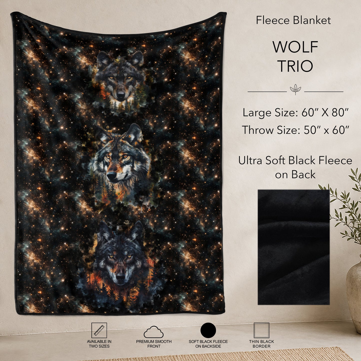 B304 - Pre-Order Wolf Trio Fleece Blanket (Closes 7/31. ETA: early Oct)