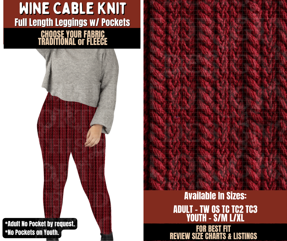 Preorder! Closes 9/21. ETA Dec. Wine Cable Knit Leggings Choose Fleece or Traditional
