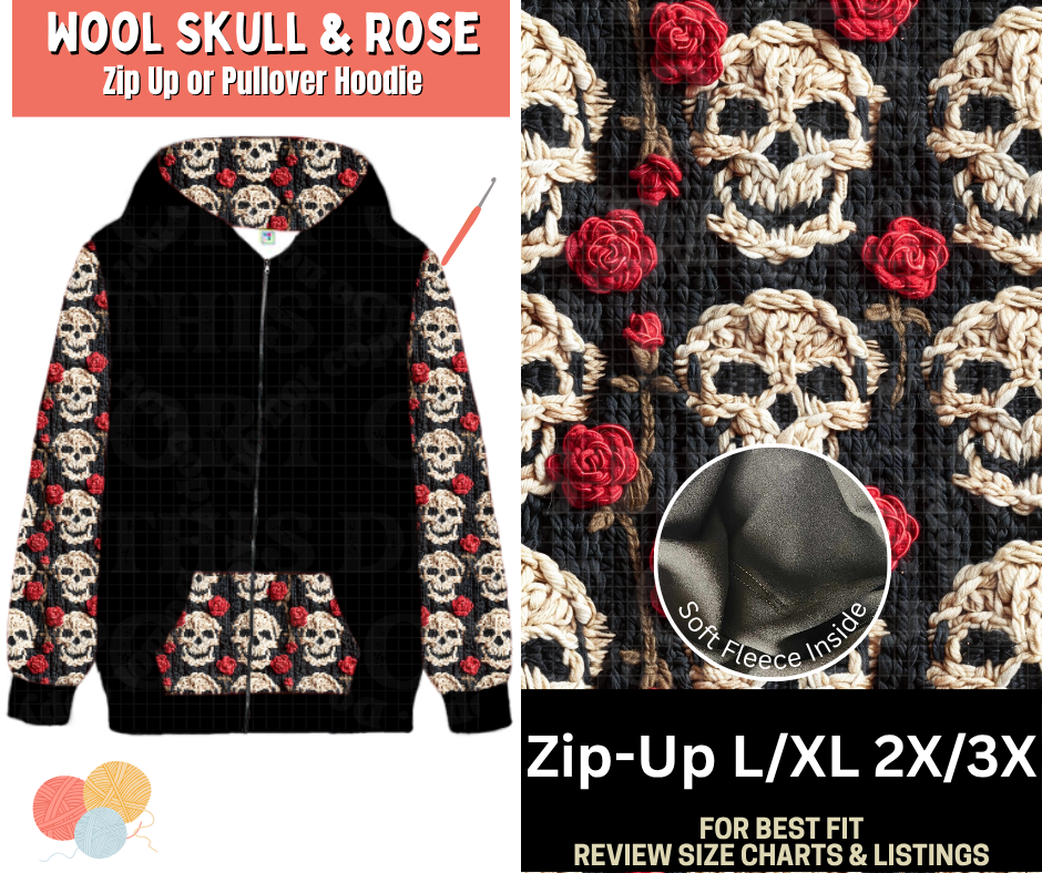 Wool Skull & Rose Zip-Up Hoodie