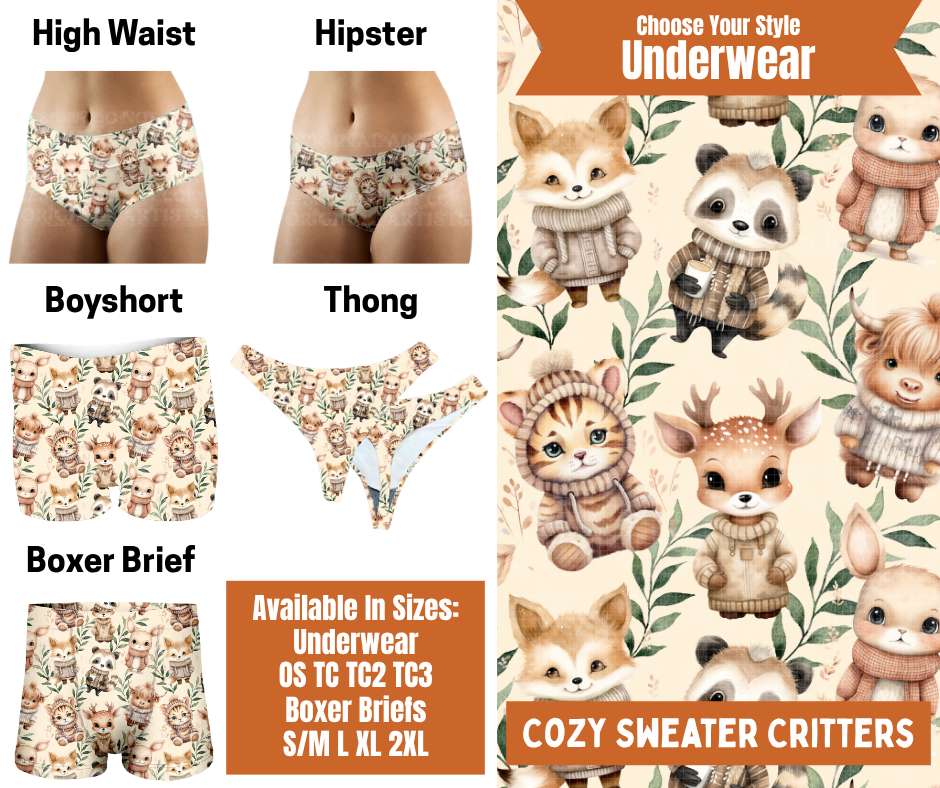 Preorder! Closes 7/30. ETA Oct. Cozy Sweater Critters Hipster, High Waist, Boyshort, & Thong Underwear & Boxer Briefs