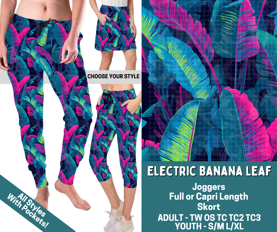 Preorder! Closes 4/27. ETA July. Electric Banana Leaf Combo Jogger Lengths & Skort