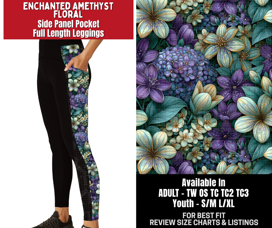 Preorder! Closes 10/26. ETA Jan. Enchanted Amethyst Floral Side Panel Pocket Full Length Leggings