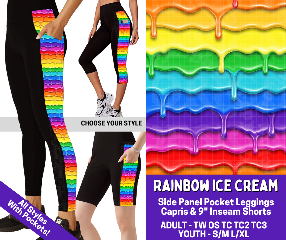Preorder! Closes 4/9. ETA June. Rainbow Ice Cream Combo Side Panel Legging Lengths