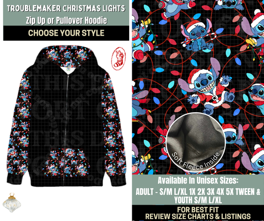Preorder! Closes 9/15. ETA Dec. Troublemaker Christmas Lights Zip-Up or Pullover Hoodie