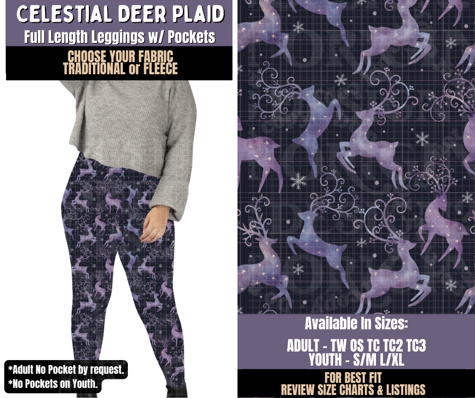 Preorder! Closes 9/3. ETA Dec. Celestial Deer Plaid Leggings Choose Fleece or Traditional