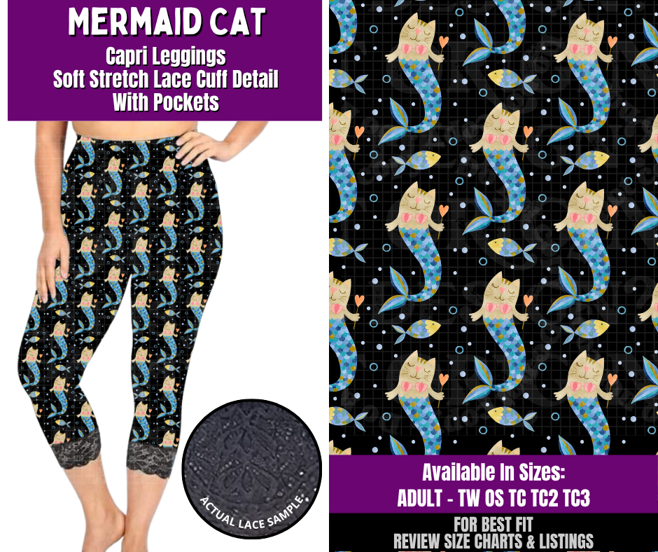 Preorder! Closes 4/22. ETA July. Mermaid Cat Lace Cuff Capris w/ Pockets
