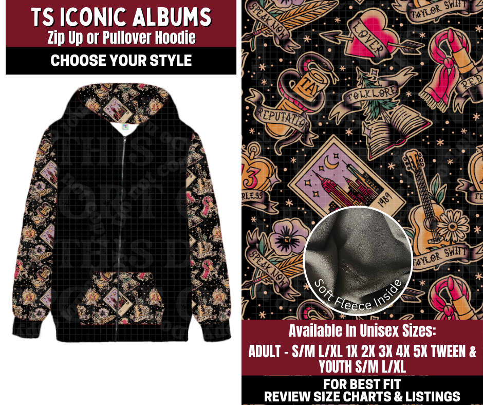 Preorder! Closes 10/22. ETA Jan. TS Iconic Albums Zip-Up or Pullover Hoodie