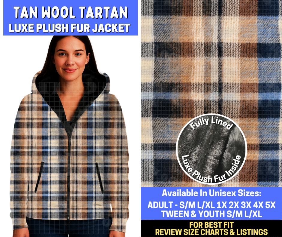 Preorder! Closes 10/29. ETA Jan. Tan Wool Tartan Luxe Fur Jacket