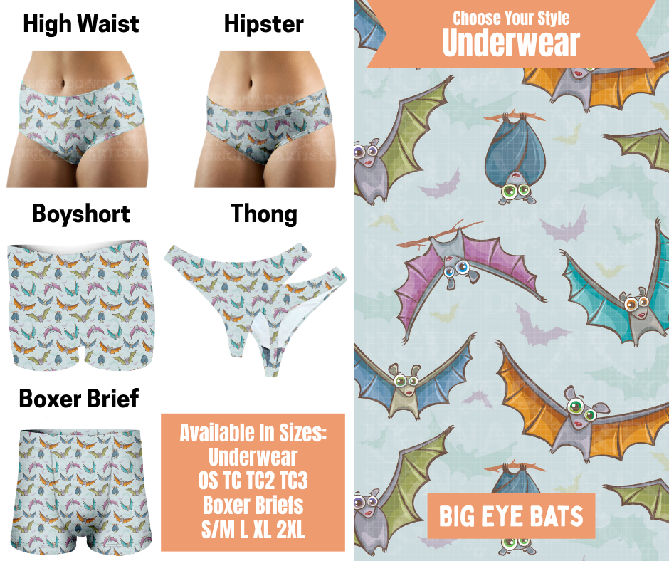 Preorder! Closes 11/5. ETA Feb. Big Eye Bats Hipster, High Waist, Boyshort, & Thong Underwear & Boxer Briefs