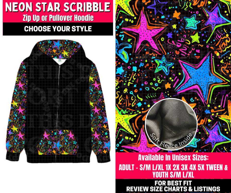 Preorder! Closes 10/23. ETA Jan. Neon Star Scribble Zip-Up or Pullover Hoodie