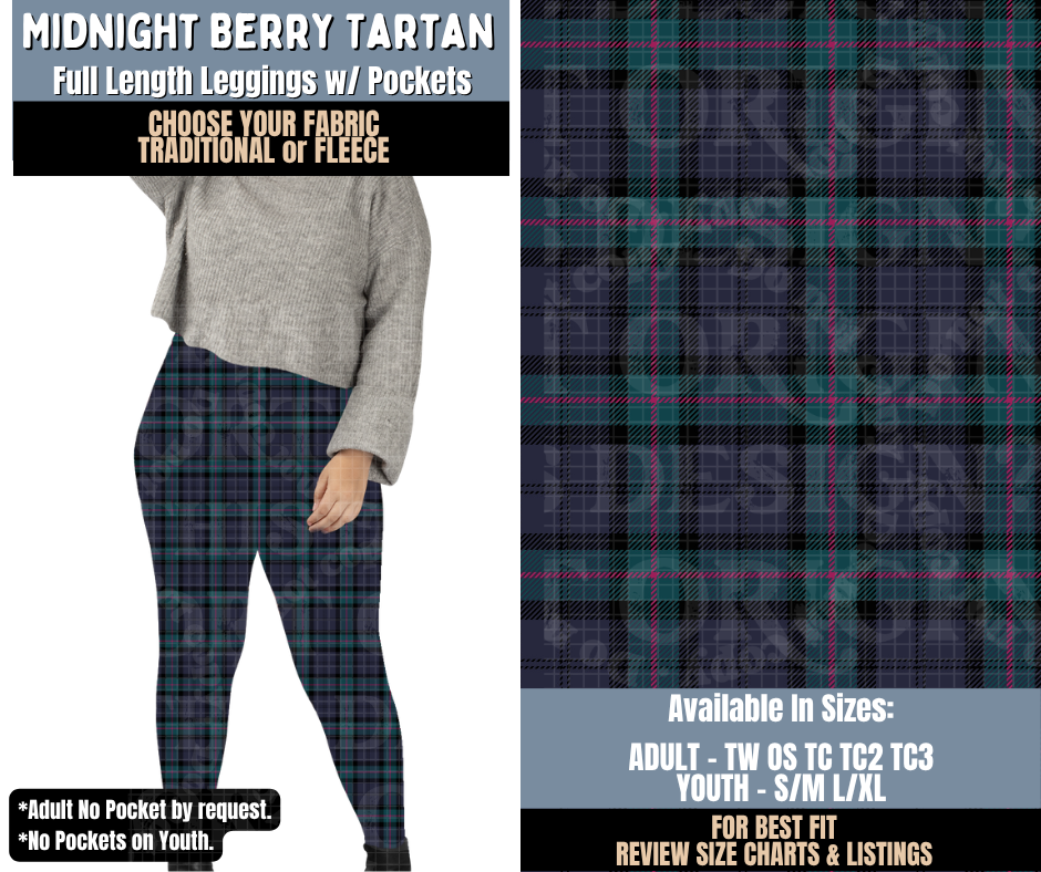 Preorder! Closes 9/24. ETA Dec. Midnight Berry Tartan Full Length Leggings w/wo Pockets