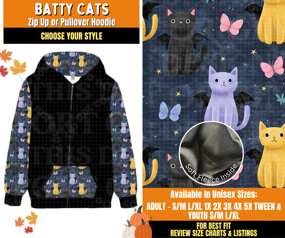 Preorder! Closes 7/16. ETA Oct. Batty Cats Zip-Up or Pullover Hoodie